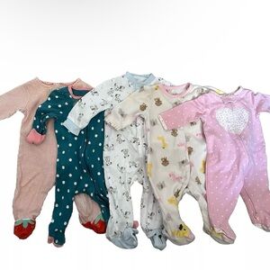 Lot Of 5 Baby Girl  Footie Pajamas Size 0-3 Months 2 Way Zipper